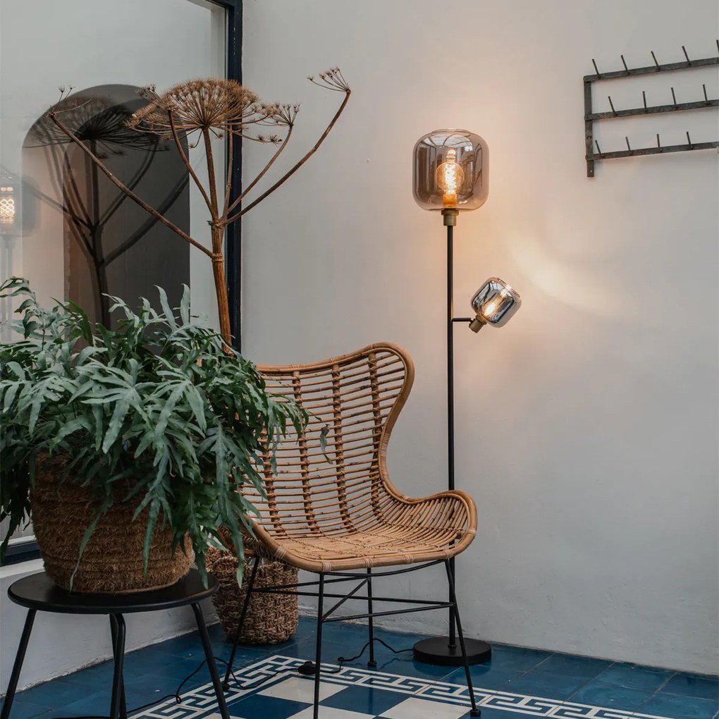 Candeeiro de pé preto com dourado e vidro fumê 2 luzes - Zuzanna