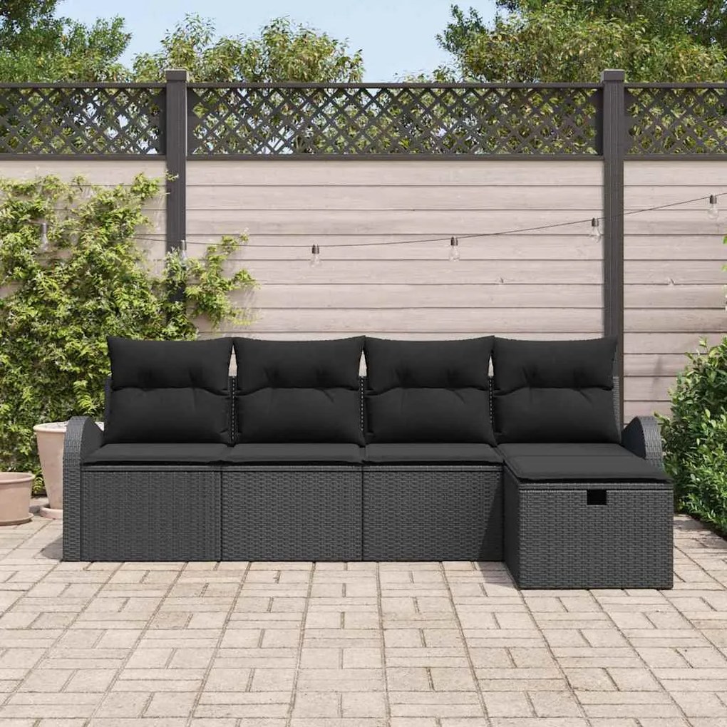Conjunto de Sofá de Jardim de 5 Peças com Almofadas Preto Vime Polímer