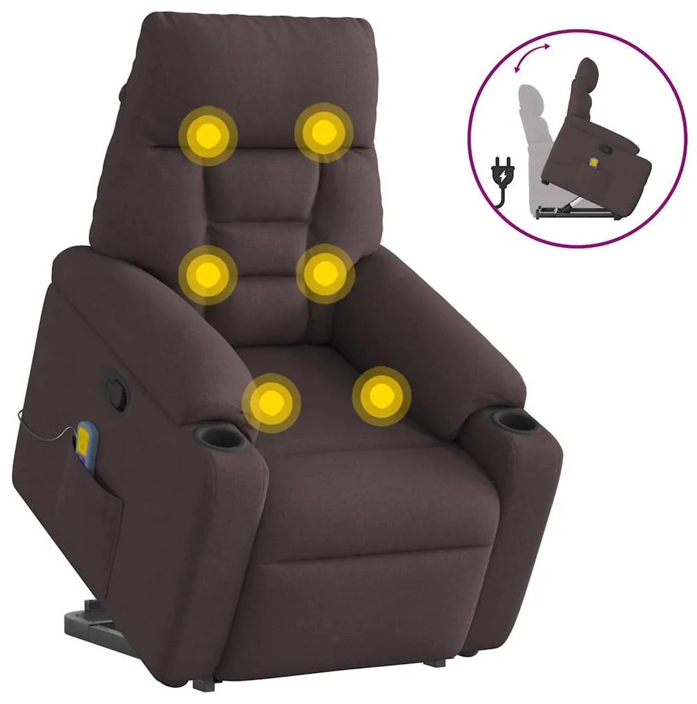 vidaXL Poltrona massagens reclinável elevatória tecido castanho-escuro