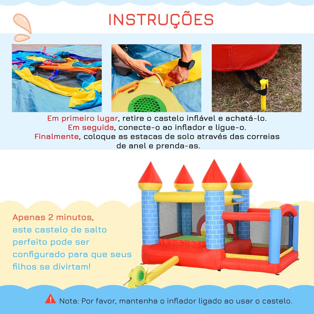 Outsunny Castelo inflável infantil com escorrega cama de salto insuflador e bolsa de transporte para interior e exterior 300x275x210 cm Multicolor