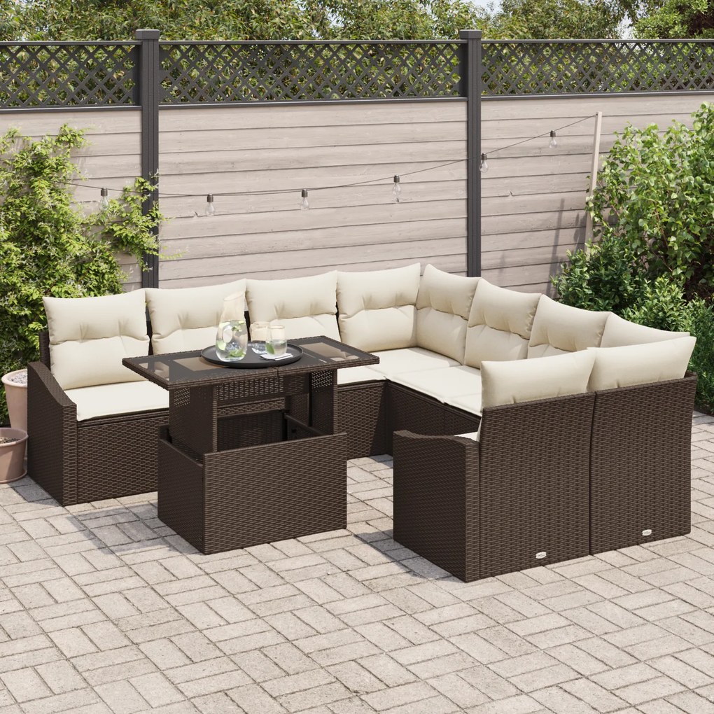 Conjunto de Sofá de Jardim de 9 Peças com Almofadas Castanho Rattan