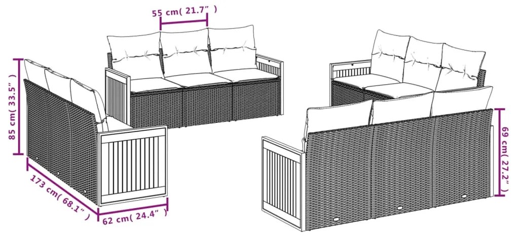 12 pcs conjunto de sofás de jardim c/ almofadões vime PE preto