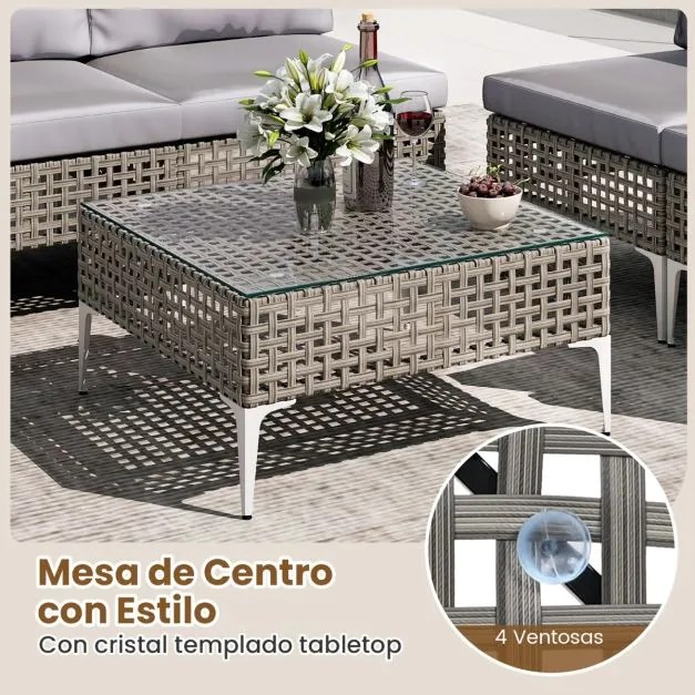 Conjunto de jardim de 5 peças em rattan com mesa de centro em vidro temperado Almofadas para assento e encosto cinza