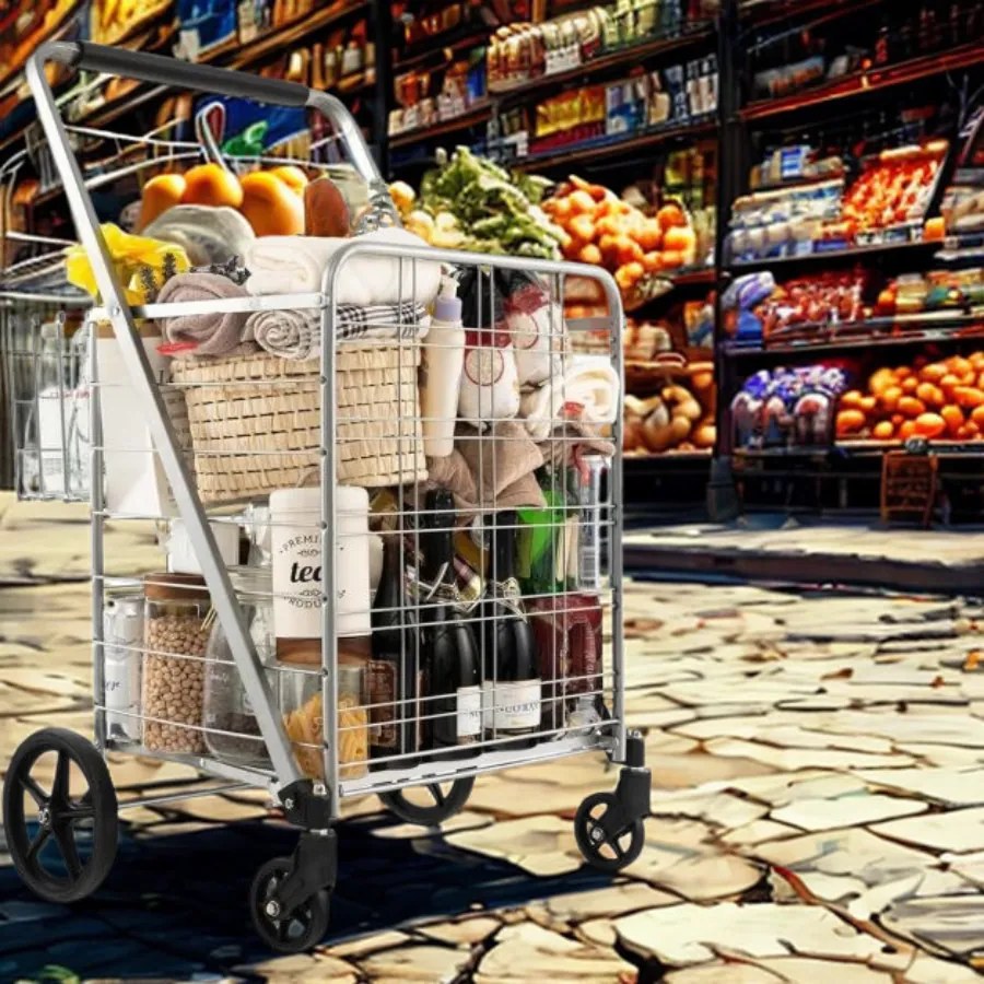 Carrinho de compras dobrável 126L grande e portátil com rodas universais e 2 cestos, bolsa impermeável removível, carga 150 kg Prateado