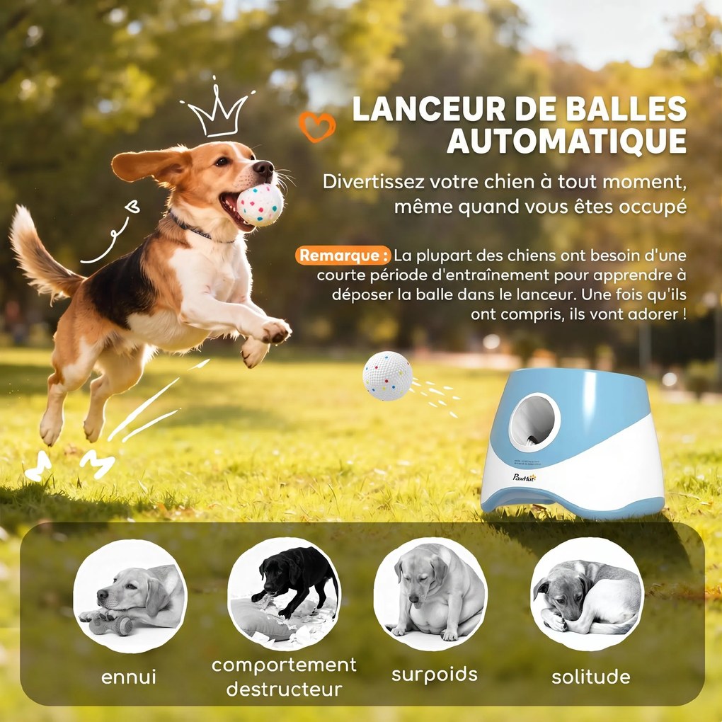 Lançador Automático de Bolas para Cães Pequenos e Médios, 25,9 x 27,1 x 21,4 cm, Distâncias de Lançamento Reguláveis, Azul