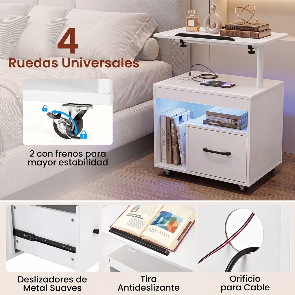 Conjunto de 2 Mesas de Cabeceira Ajustáveis, 60 x 40 x 74 cm, com Luz LED, Branco