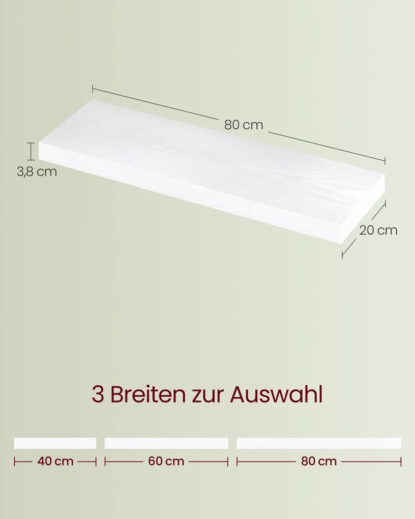 Prateleira de parede suspensa para molduras 20 x 80 x 3,8 cm, branca