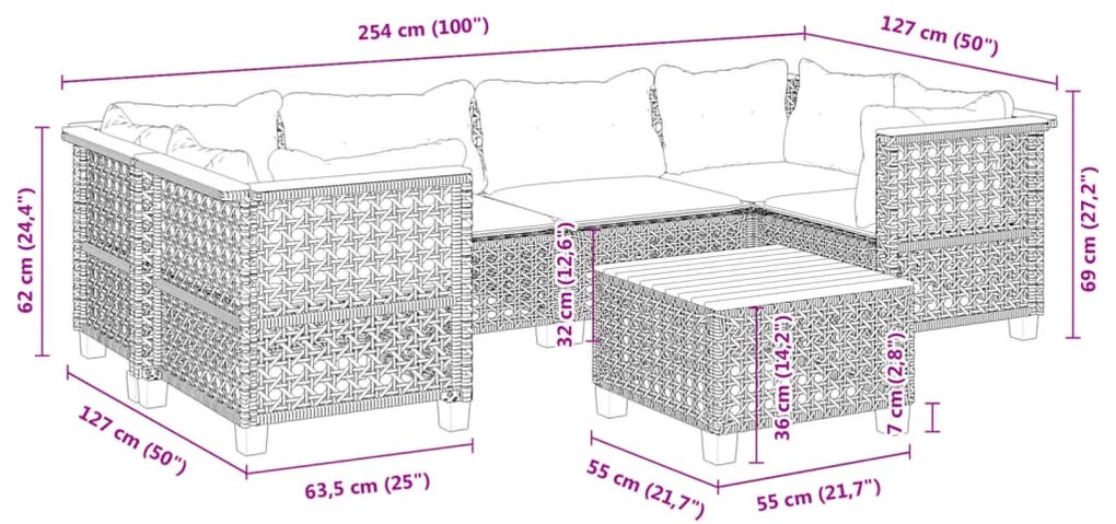 7 pcs conjunto sofás p/ jardim c/ almofadões vime PE cinzento