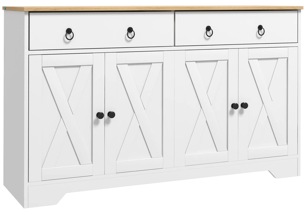 HOMCOM Buffet Móvel de Arrumação Armário de Cozinha Estilo Rústico 2 Gavetões e 2 Armários Prateleiras Ajustáveis Branco | Aosom Portugal