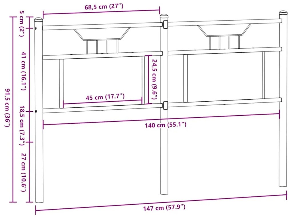 Cabeceira de cama 140 cm derivados madeira/aço carvalho fumado