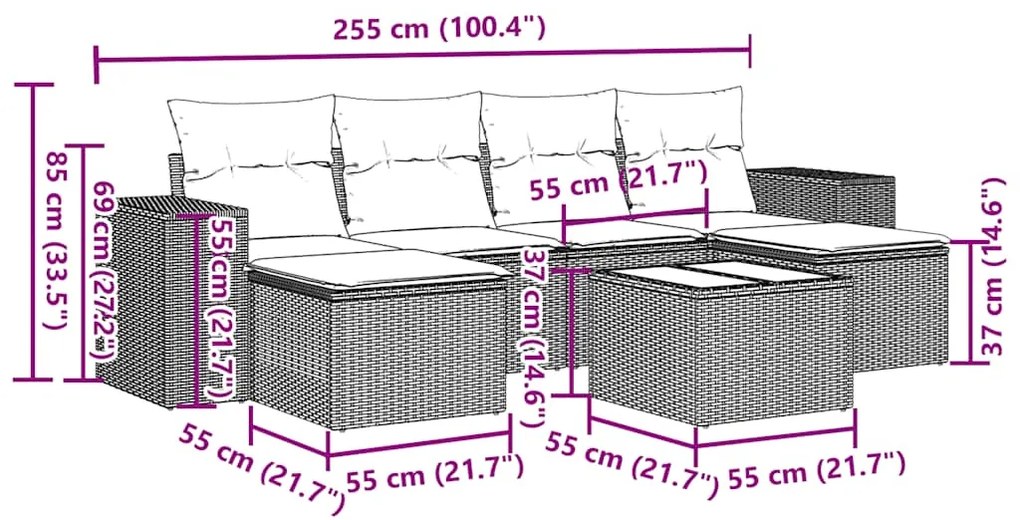 7 pcs conj. sofás jardim com almofadões vime PE cinzento-claro