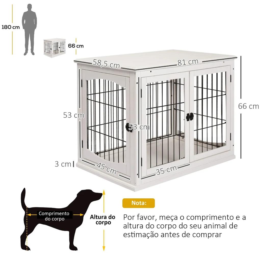 Gaiola para Cães Grande de Madeira com Superfície de Mesa 2 Portas e Grades de Metal 58,5x81x66cm Branco