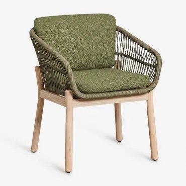 Pack De 4 Cadeiras De Jantar Com Braços Em Madeira De Acácia E Corda Entrançada Karvia Bouclé Verde Sálvia - Sklum