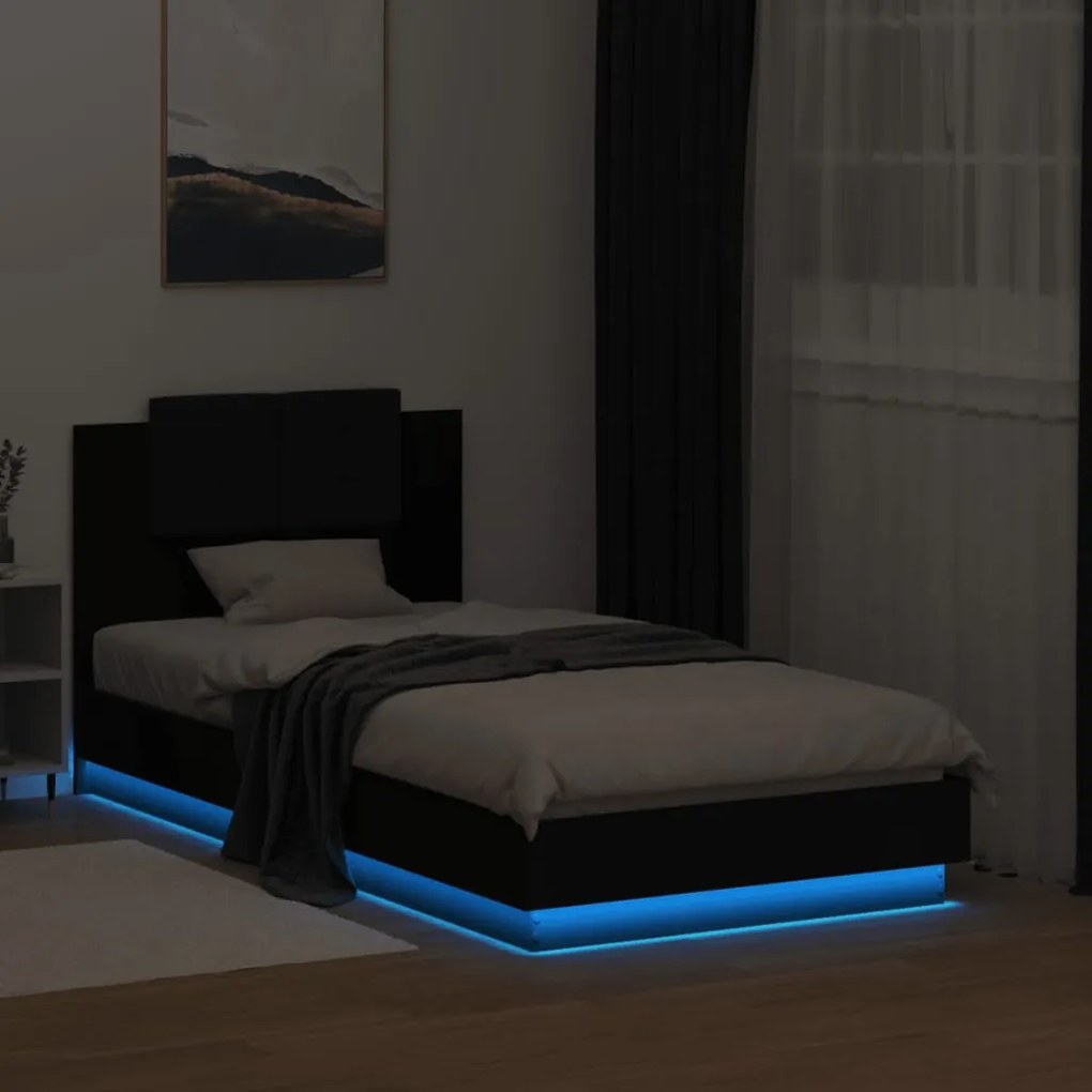 Estrutura de cama com cabeceira e luzes LED 75x190 cm preto