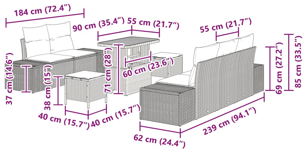 Conjunto de Sofá de Jardim vidaXL 8 Peças com Almofadas Bege Rattan Po