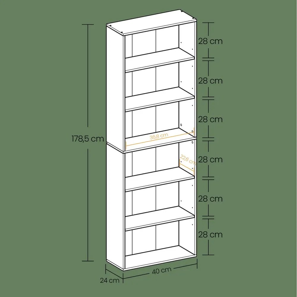 Estante de 6 prateleiras em estilo escandinavo, para sala de estar 24 x 60 x 178,5 cm castanho