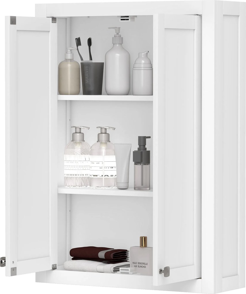 Armário de parede para casa de banho 61 x 20 x 84 cm com 3 níveis, móvel suspenso de arrumação com 2 portas e prateleira ajustável, branco