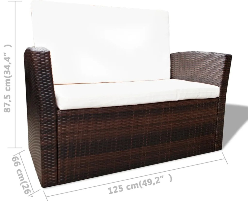 4 pcs conjunto lounge jardim c/ almofadões vime PE castanho