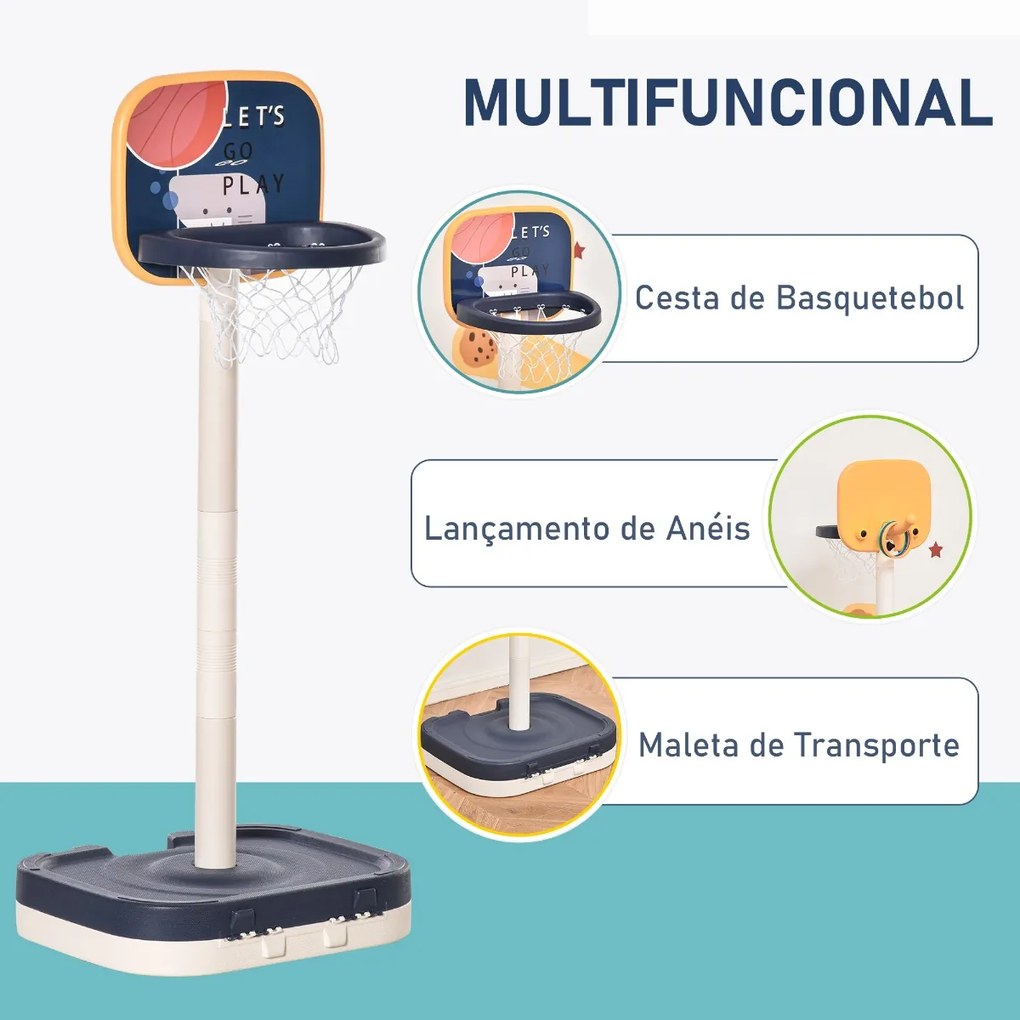 Cesto de Basquetebol Infantil 2 em 1 Portátil com Jogo de Lançamento de Anéis Altura Ajustável 96-110cm e Acessórios Incluidos 58,5x56x137cm