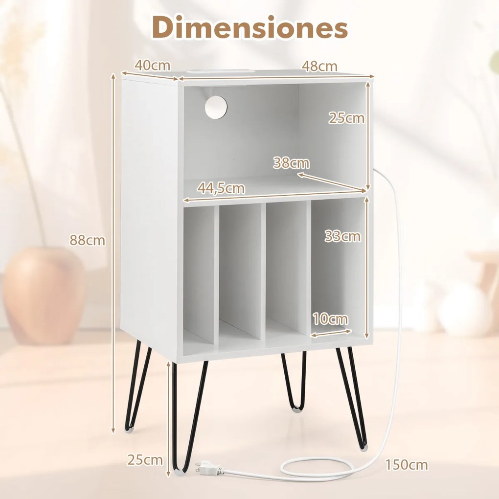 Suporte para discos vinil de 3 níveis com estação de carregamento Estante 4 divisórias 48 x 40 x 88 cm Branco
