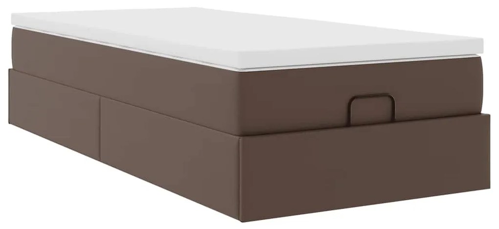 Estrutura de cama otomana com colchão marrom couro falso