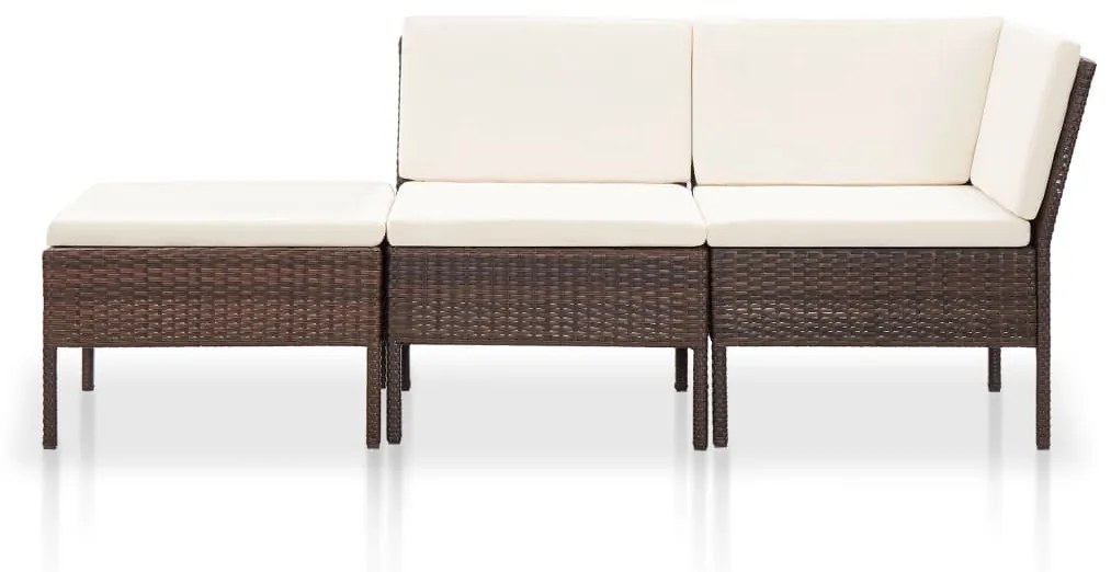 3 pcs conjunto lounge jardim c/ almofadões vime PE castanho