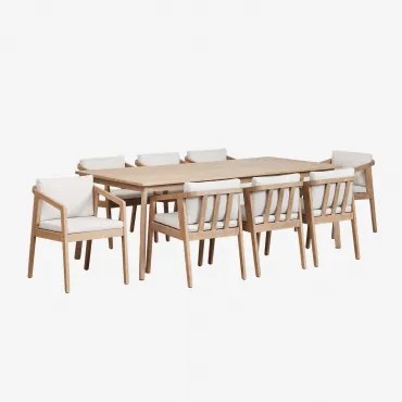 Conjunto De Mesa Retangular Kaela (220x100 Cm) E 8 Cadeiras De Jantar Em Madeira De Acácia Tecido Gardénia Branco - Sklum