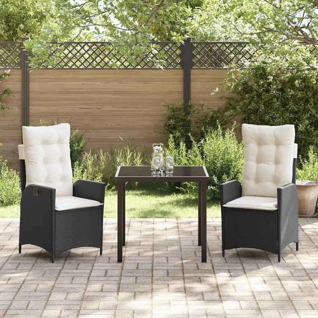 Conjunto de Jantar de Jardim com 3 Peças e Almofadas, Preto, Rattan Si