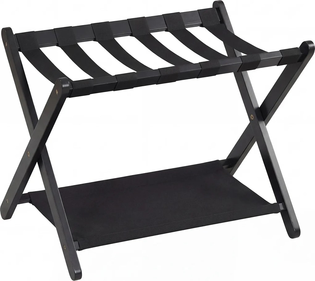 Porta-bagagens dobrável de dois níveis em madeira de borracha 67 x 46 x 52 cm, com prateleiras de nylon e Estrutura em X, para quartos de hotel, preto
