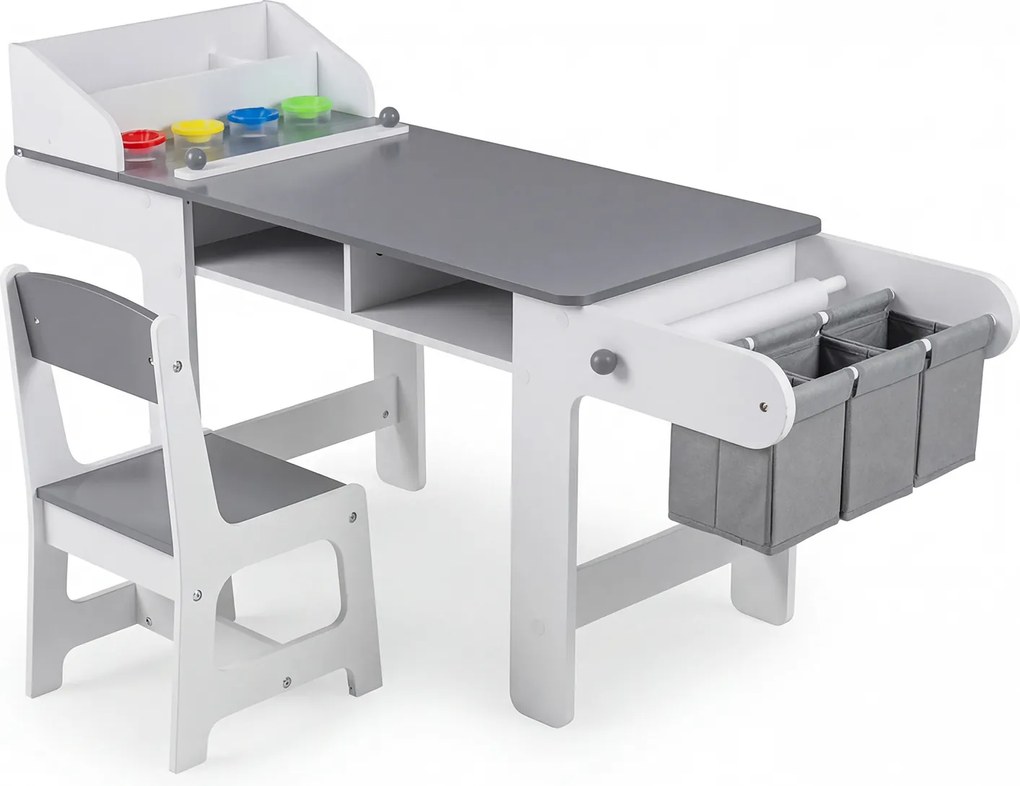 Conjunto de Mesa de Arte Infantil e Cadeira, 136 x 45,5 x 67 cm, Rolo de Desenho, Cinzento+Branco