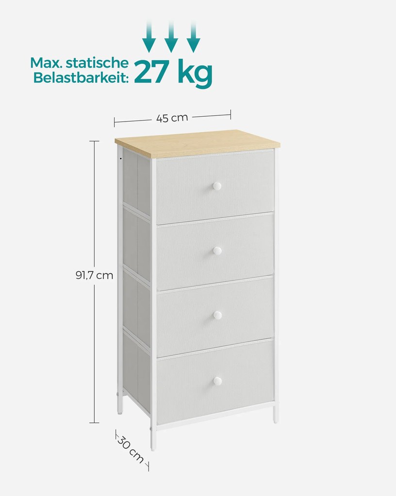 Cómoda com 4 gavetas em tecido e estrutura metálica 30 x 45 x 91,7 cm carvalho e branco