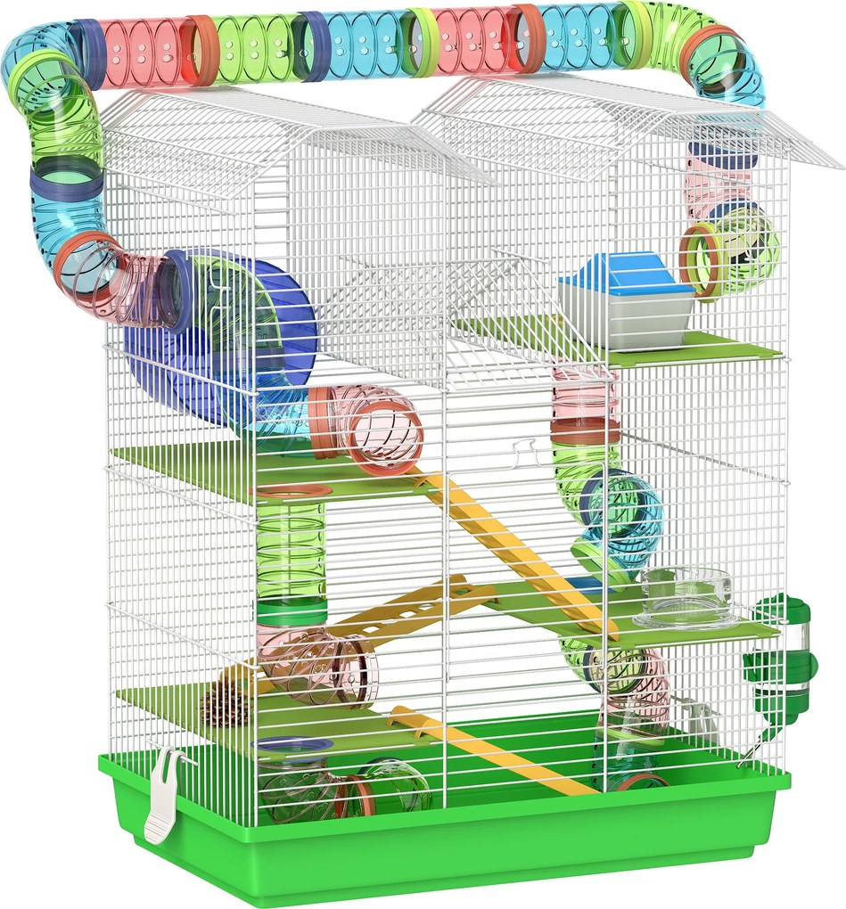 PawHut Gaiola para Hamster de 5 Níveis 47x30x59 cm com Túneis Tigela Bebedouro Casinha Roda de Exercício Rampas Verde | Aosom Portugal
