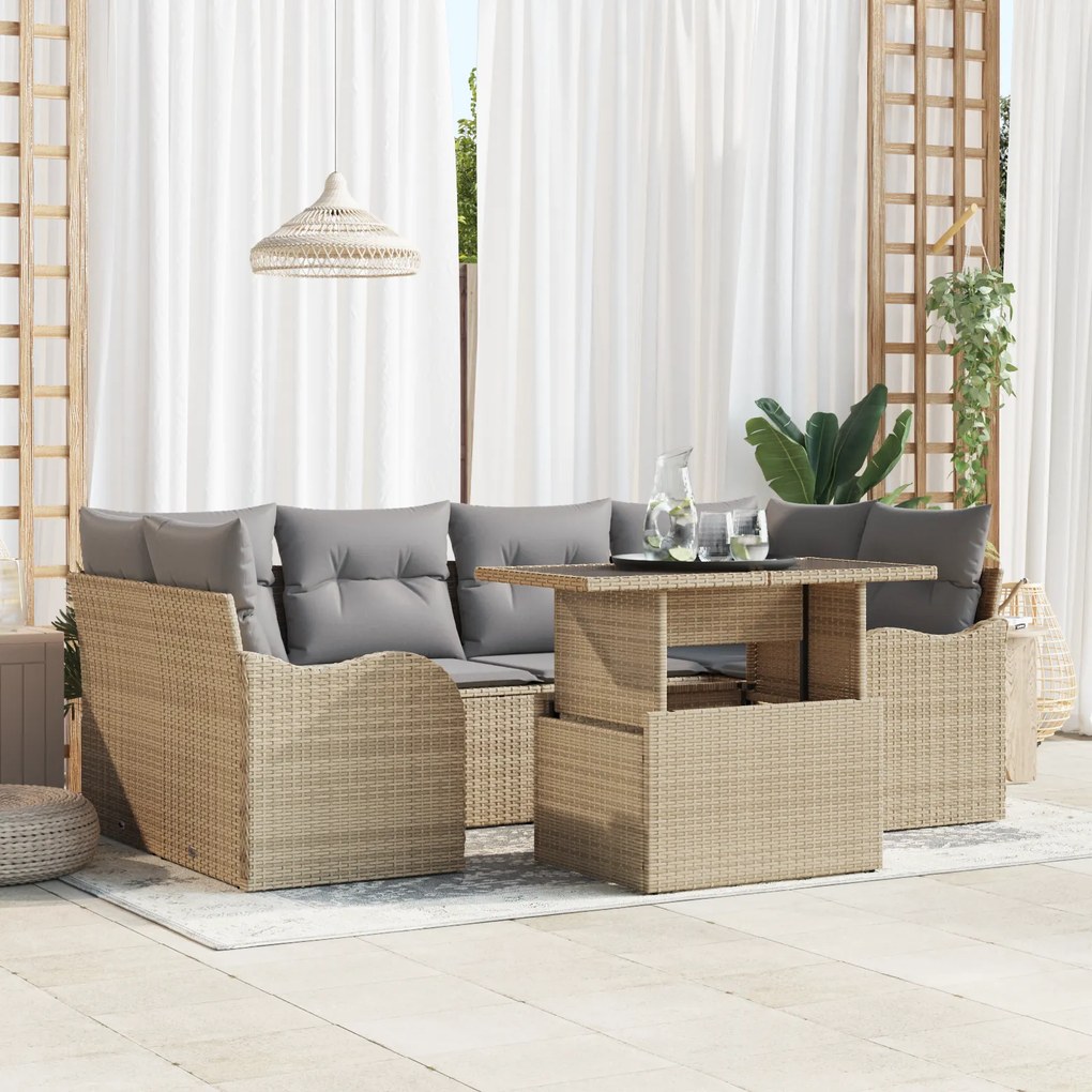 Conjunto de Sofá de Jardim vidaXL 7 Peças com Almofadas Bege Poli Ráton