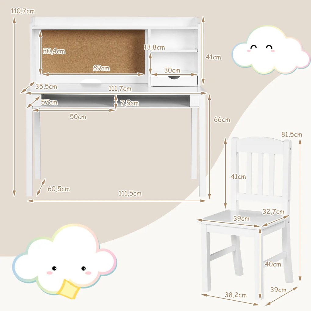 Conjunto de secretária e cadeira para crianças com Gavetas e Estantes Branco