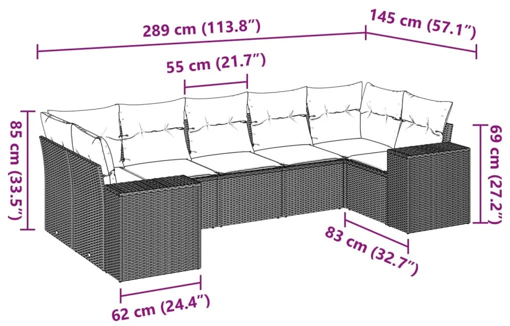 7 pcs conjunto de sofás p/ jardim com almofadões vime PE bege