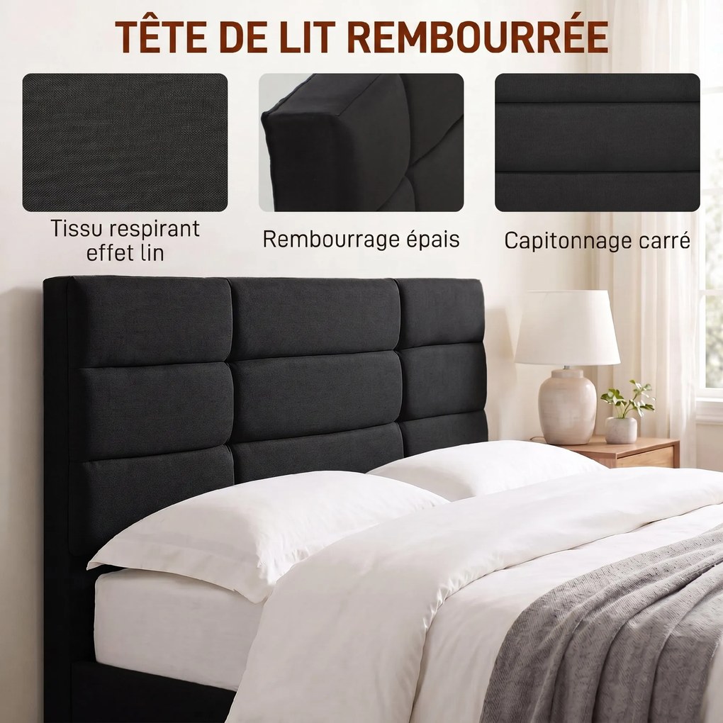 Estrutura de cama 140 x 200 cm com base de madeira, (COLCHÃO NÃO INCLUIDO) cama de casal estofada com efeito de linho, espaço de arrumação por baixo,