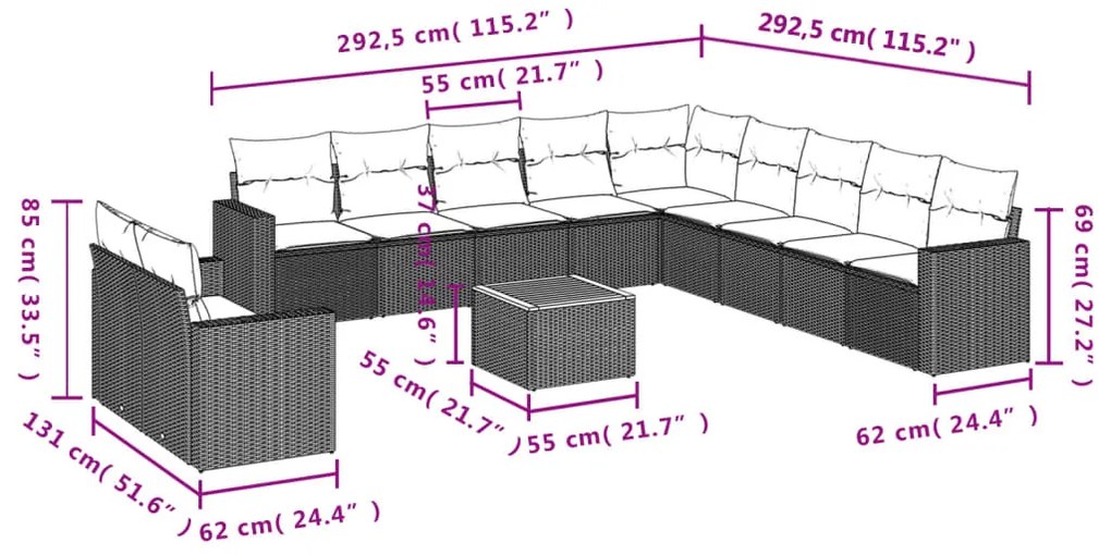 12 pcs conjunto de sofás p/ jardim com almofadões vime PE bege