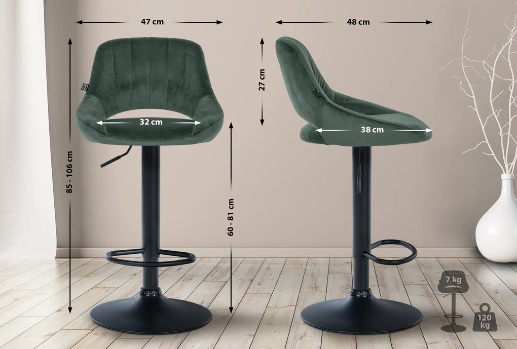 Banco alto Milet em veludo com estrutura preta 85-106 x 47 x 48 cm Verde
