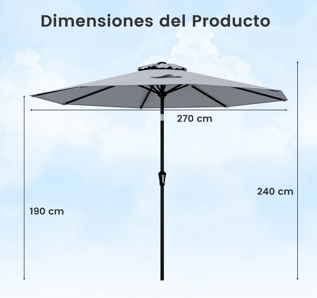 Guarda-sol jardim de 270 cm com 8 varas robustas, toldo ventilado resistente com inclinação por botão Cinzento