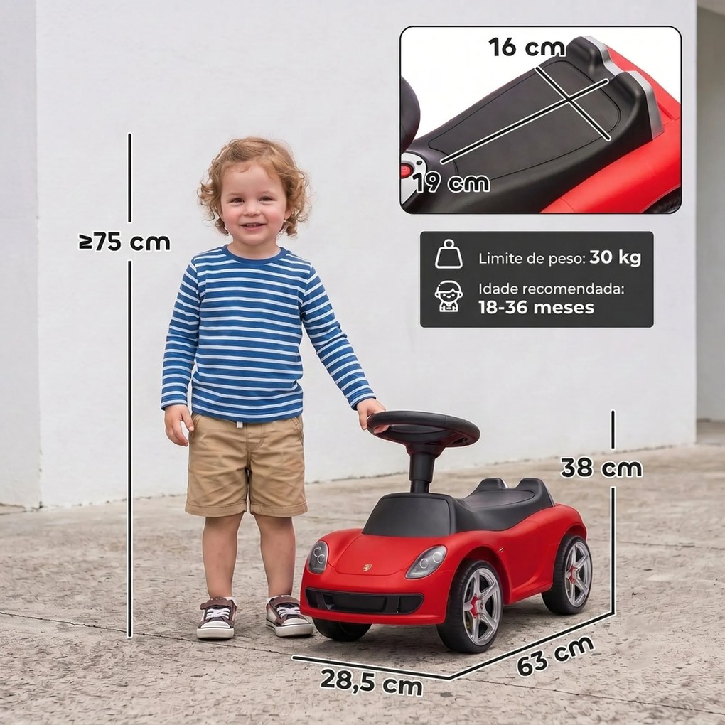 Carro sem Pedais para Crianças 18-36 Meses com Licença Porsche, 2 Faróis, Buzina e Som de Arranque, 63x28,5x38 cm, Vermelho