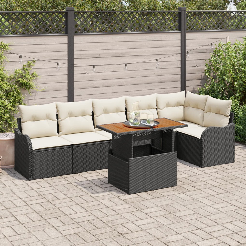 Conjunto de Sofás para o Jardim vidaXL 7 Peças com Almofadas Preto Rattan Poliéster Acácia