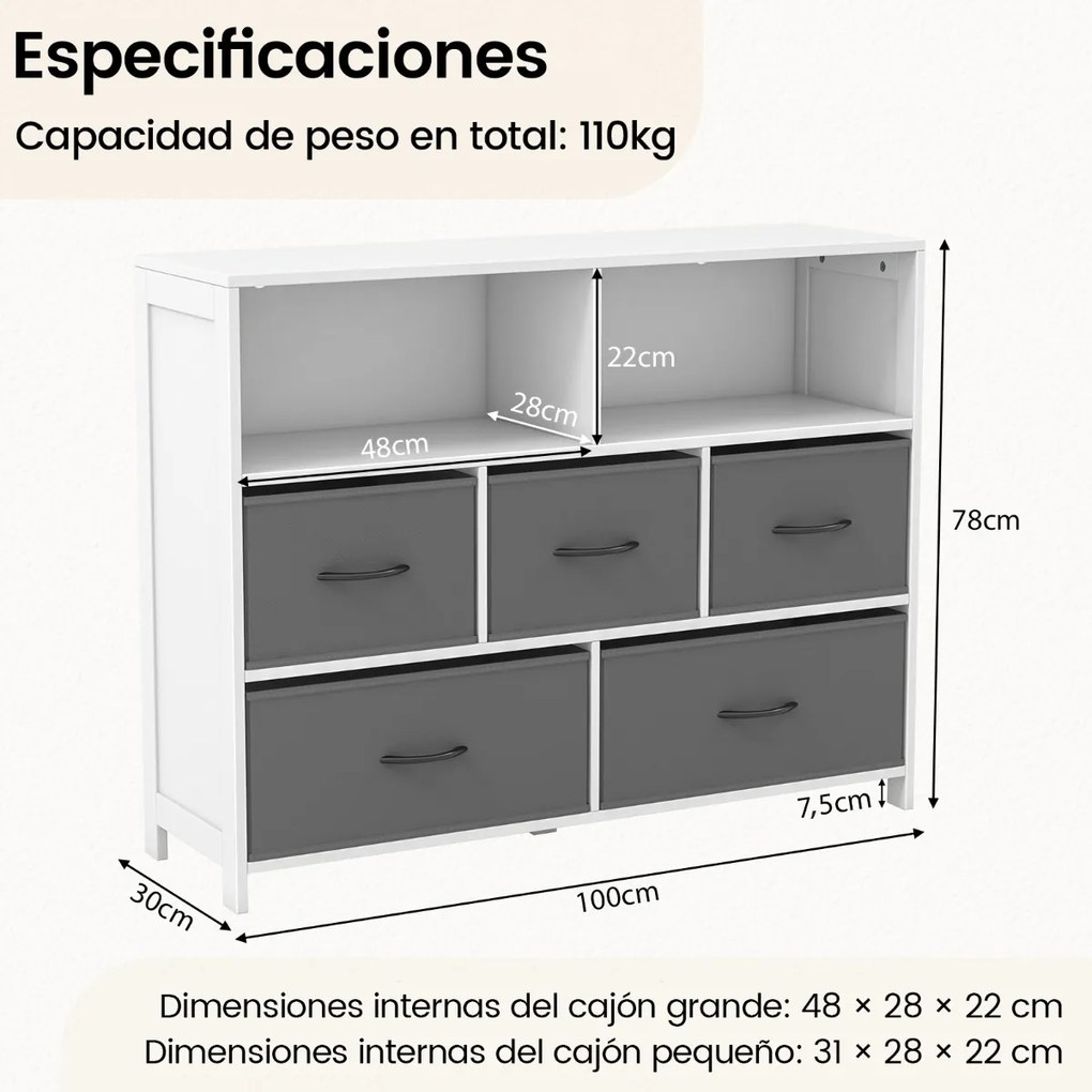 Cômoda com 5 gavetas 100 x 30 x 78 cm, 2 caixas grandes de tecido, 3 caixas médias e gavetas dobráveis de tecido Branco