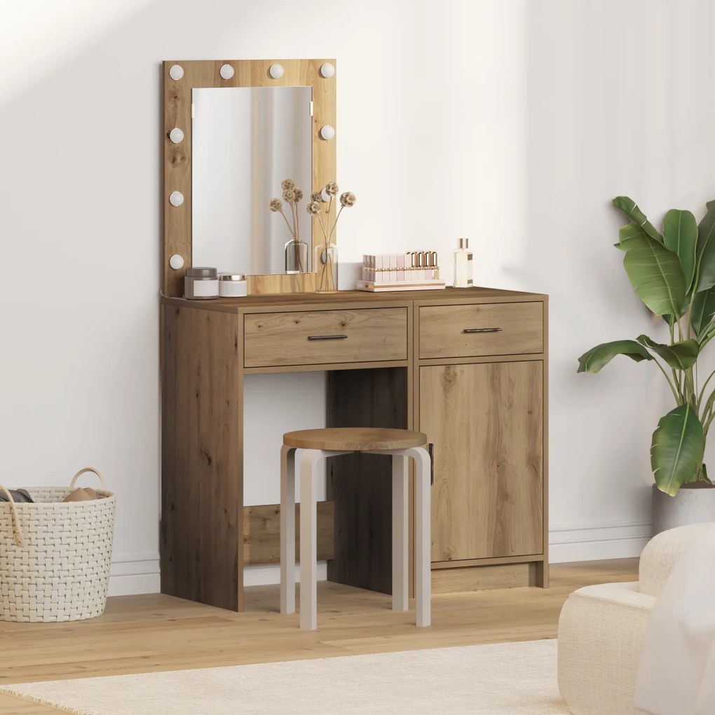 vidaXL Conjunto de Mesa de Toucador de 2 Peças com LED em Madeira engenheirada Carvalho Artesanal