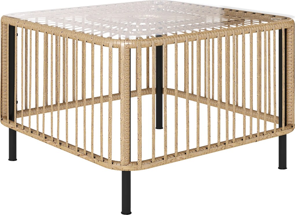 Outsunny Mesa de jardim em Polyrattan, 65 x 65 x 43 cm, resistente às intempéries Mesa lateral quadrada com tampo de vidro Madeira natural | Aosom Portugal