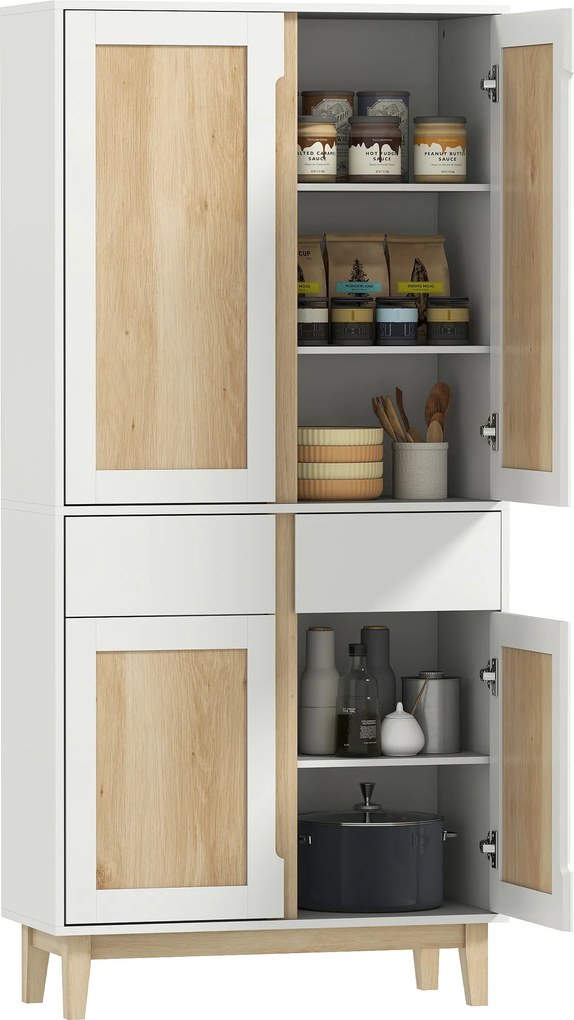 Armário alto de cozinha, armário de cozinha com 4 portas, 2 gavetas e prateleiras ajustáveis, 80 x 35 x 170 cm, branco e carvalho