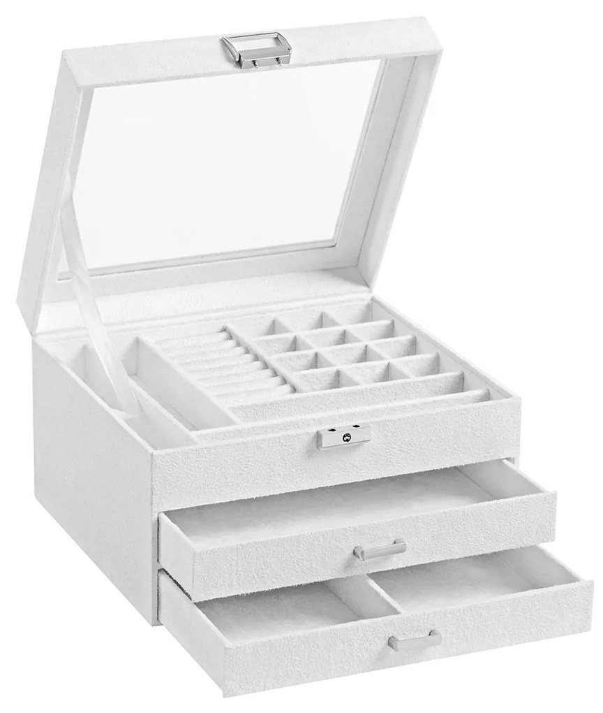 Caixa para joias SONGMICS, vitrine de veludo com 3 níveis e organizador para joias com tampa de vidro transparente, compartimentos variados para colares, pulseiras, anéis, cadeado e chave, branco JBC158W01