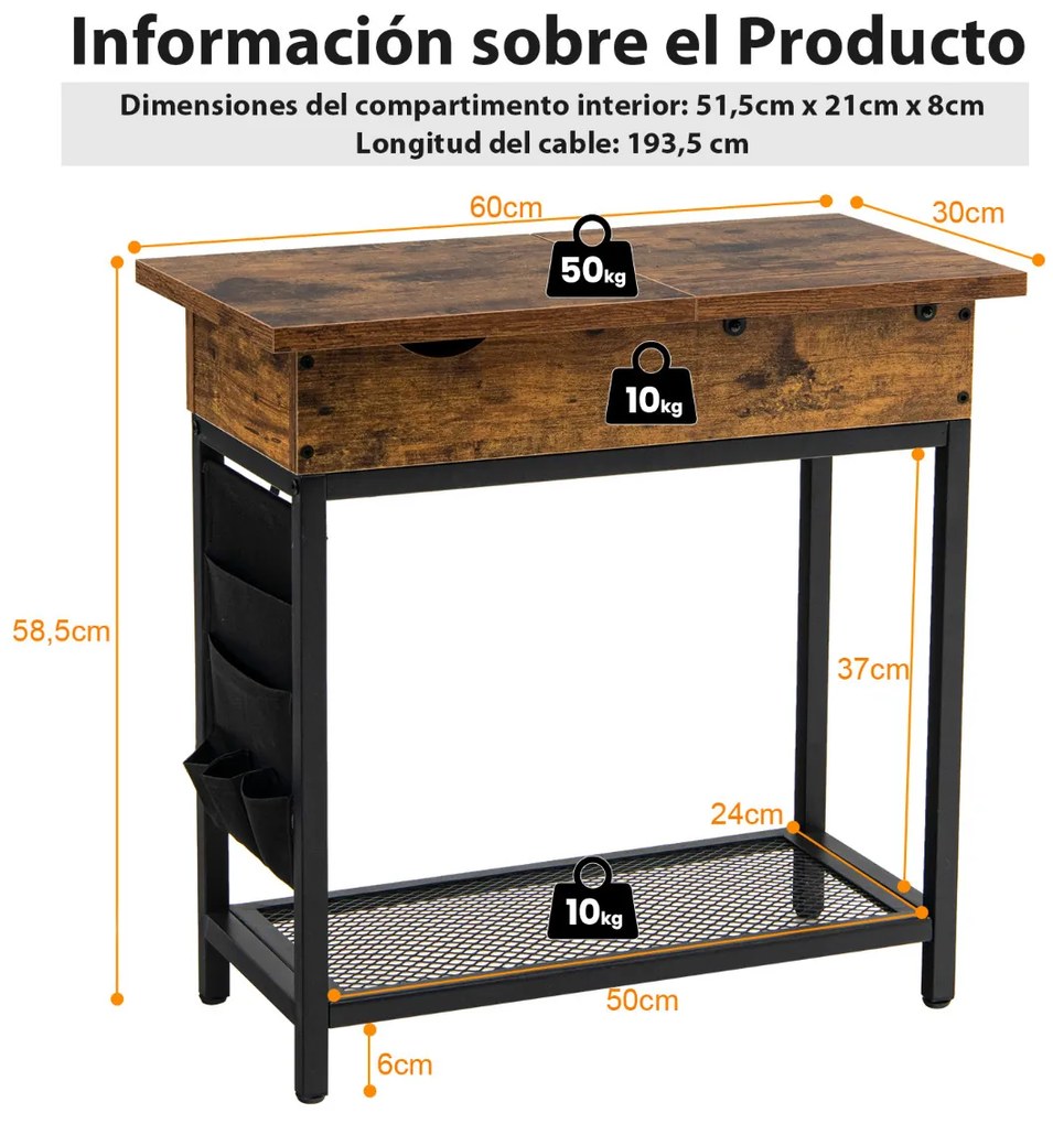 Mesa Lateral com Estação de Carregamento USB e 2 Tomadas Prateleira com Compartimento Flip Top Estreita para Sala de Estar Quarto 60 x 30 x 58,5 cm Ca