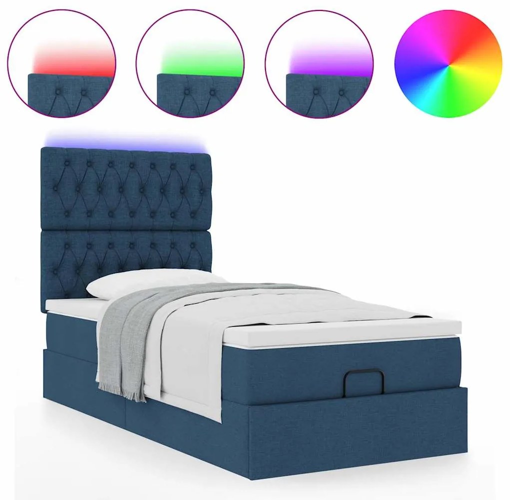 Cama Otomana com Colchão &amp; LEDs Tecido Azul 100x200 cm
