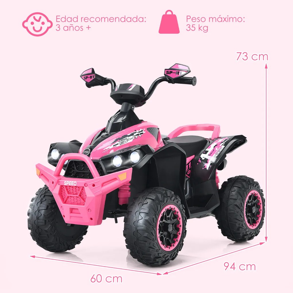 Moto 4 para crianças, bateria 12v, com velocidade ajustável, luzes led, pedal de música, 3-8 anos, 94x60x73 cm Rosa