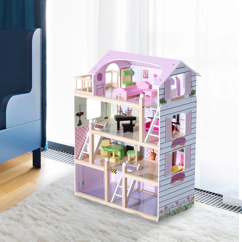 HomCom Casinha de Bonecas para Brincar - Cor-de-Rosa e Branco - Madeira - 60 x 30 x 80 cm